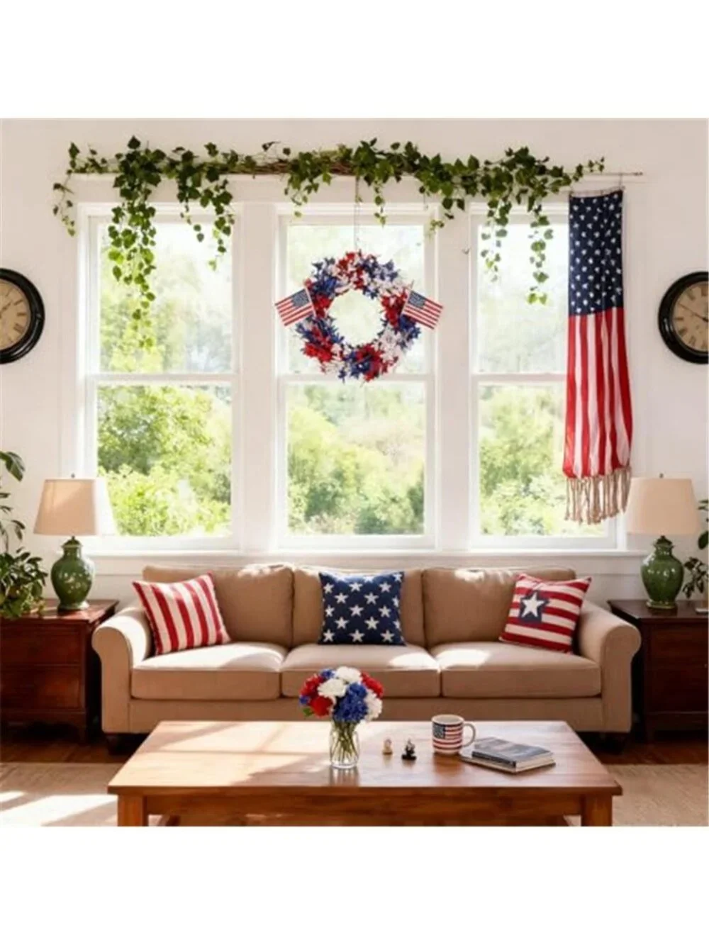 4th of July Wreath Patriotic Wreath with Red White Blue Flag Forsythia Flowers